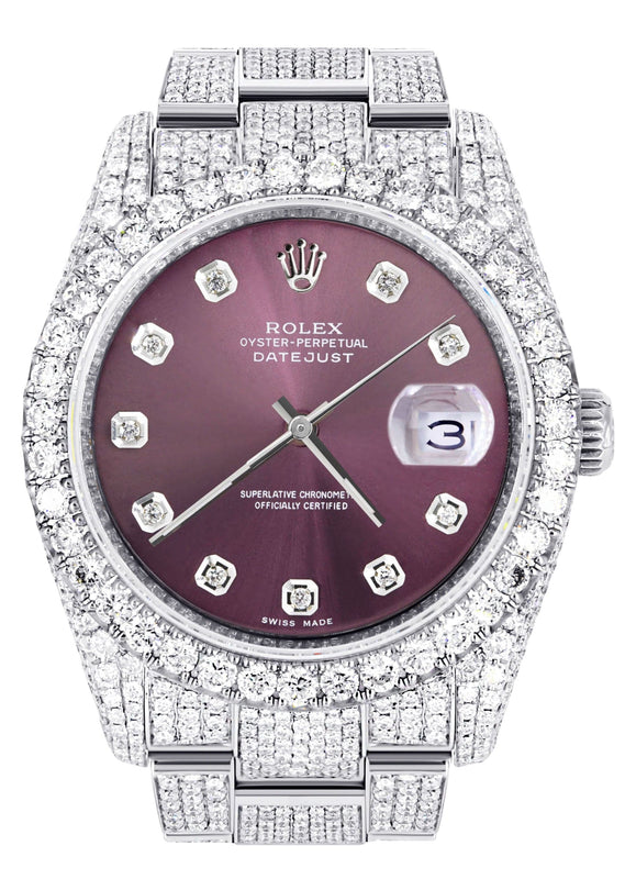 Iced Out Rolex Datejust 36 MM | Stainless Steel | 16.5 Carats of Diamonds | Purple Diamond Dial | Oyster Band | Model 116200