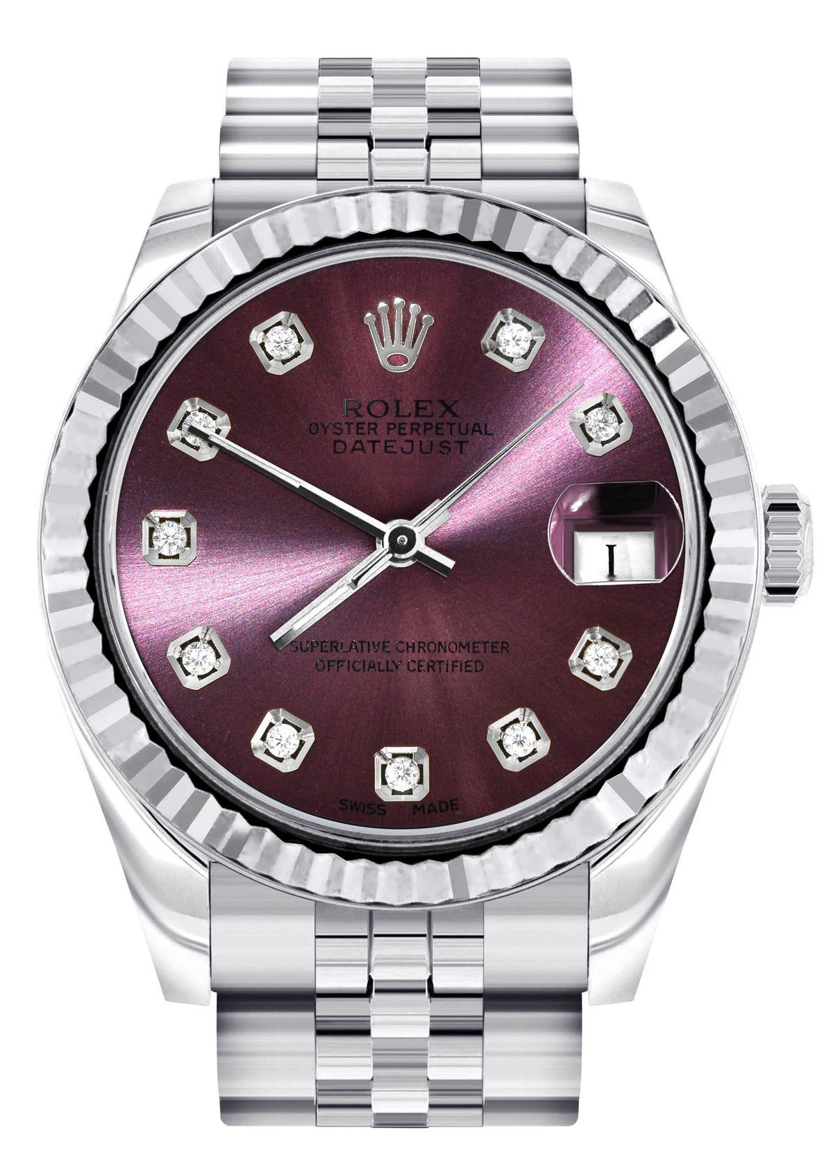 Diamond Rolex Watch | 68274 | Fluted Bezel | 31MM | Purple Diamond Dial | Jubilee Band