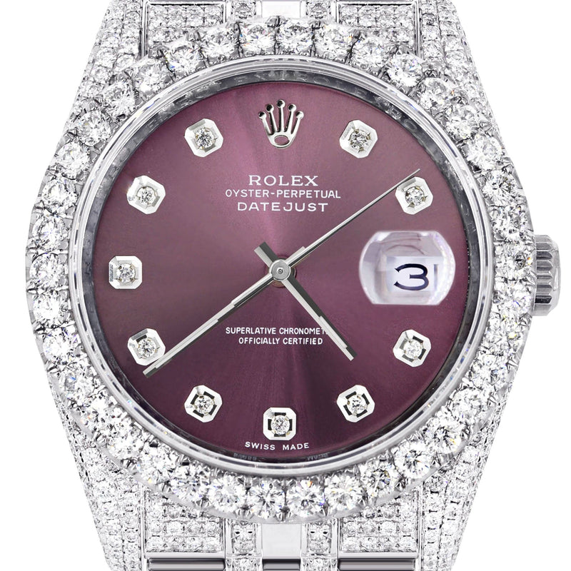 Iced Out Rolex Datejust 36 MM | Stainless Steel | 16.5 Carats of Diamonds | Purple Diamond Dial | Jubilee Band | Model 116200