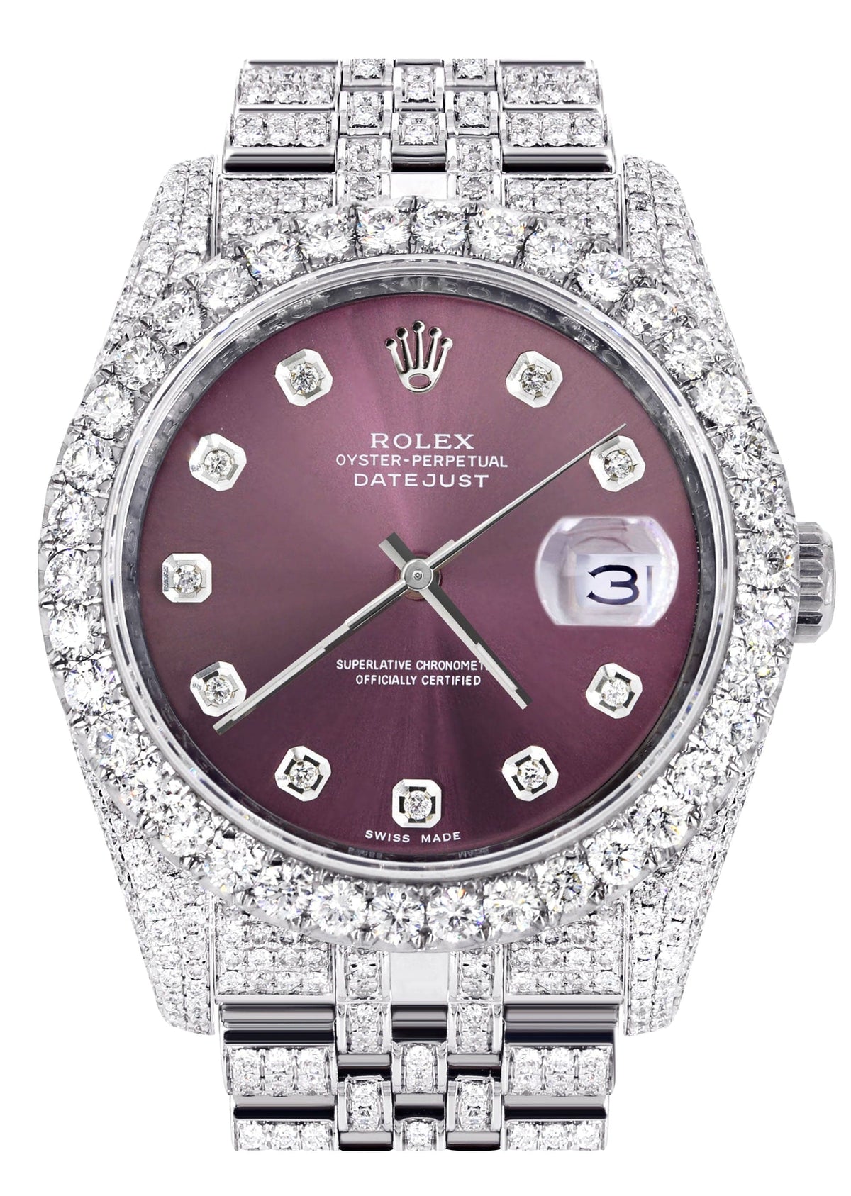 Iced Out Rolex Datejust 36 MM | Stainless Steel | 16.5 Carats of Diamonds | Purple Diamond Dial | Jubilee Band | Model 116200