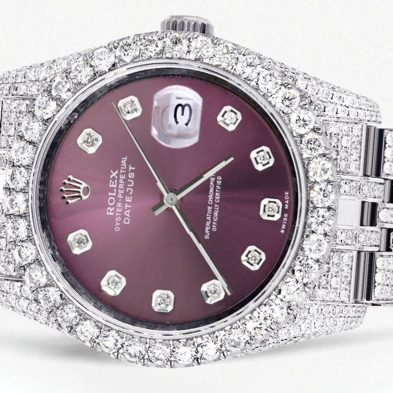 Iced Out Rolex Datejust 36 MM | Stainless Steel | 16.5 Carats of Diamonds | Purple Diamond Dial | Jubilee Band | Model 116200