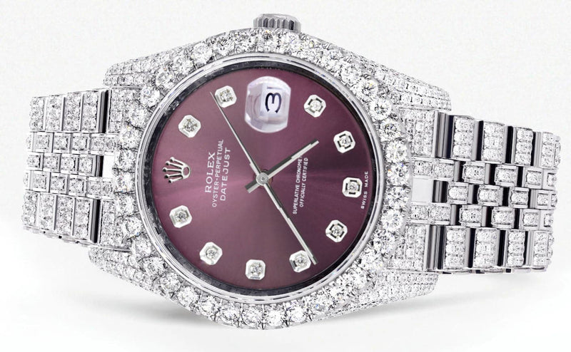 Iced Out Rolex Datejust 36 MM | Stainless Steel | 16.5 Carats of Diamonds | Purple Diamond Dial | Jubilee Band | Model 116200