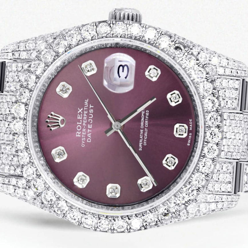 Iced Out Rolex Datejust 36 MM | Stainless Steel | 16.5 Carats of Diamonds | Purple Diamond Dial | Oyster Band | Model 116200