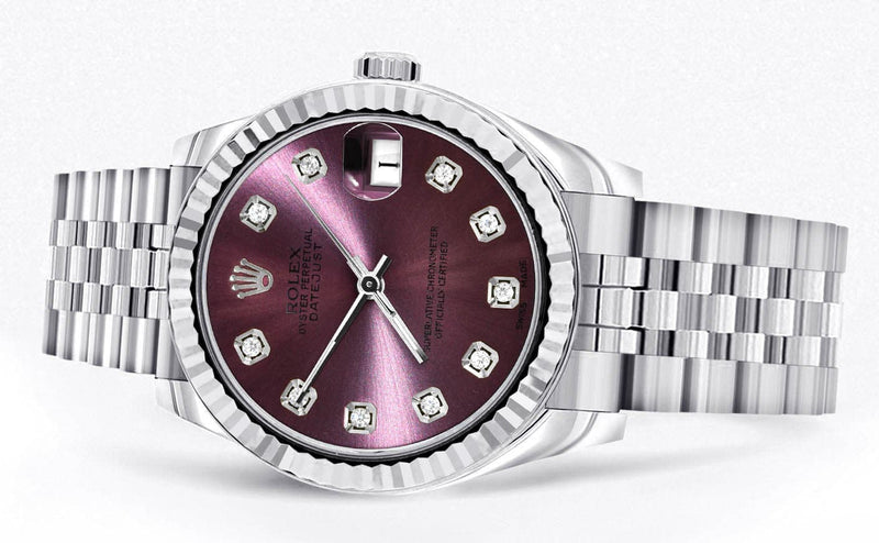 Diamond Rolex Watch | 68274 | Fluted Bezel | 31MM | Purple Diamond Dial | Jubilee Band