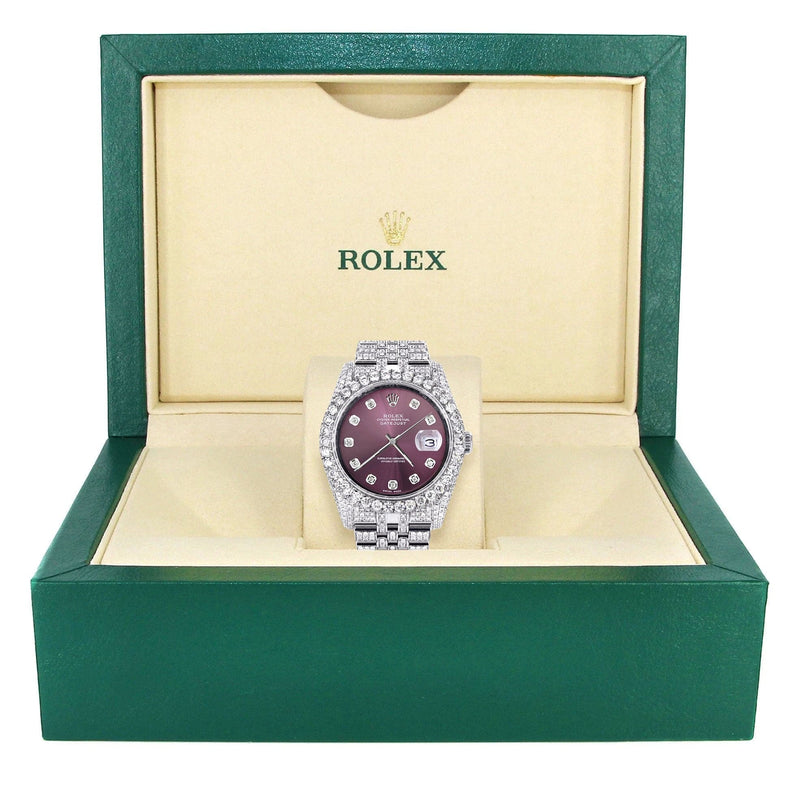 Iced Out Rolex Datejust 36 MM | Stainless Steel | 16.5 Carats of Diamonds | Purple Diamond Dial | Jubilee Band | Model 116200