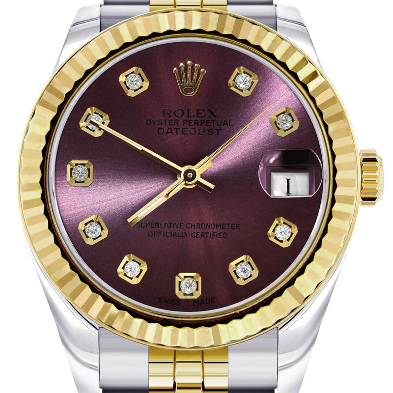 Diamond Gold Rolex Watch | 68273 | Fluted Bezel | 31MM | Purple Diamond Dial | Jubilee Band