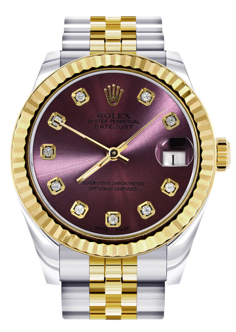 Diamond Gold Rolex Watch | 68273 | Fluted Bezel | 31MM | Purple Diamond Dial | Jubilee Band
