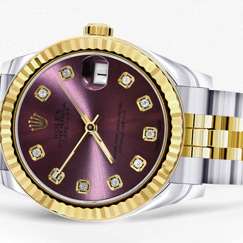 Diamond Gold Rolex Watch | 68273 | Fluted Bezel | 31MM | Purple Diamond Dial | Jubilee Band