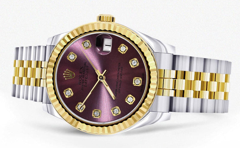Diamond Gold Rolex Watch | 68273 | Fluted Bezel | 31MM | Purple Diamond Dial | Jubilee Band