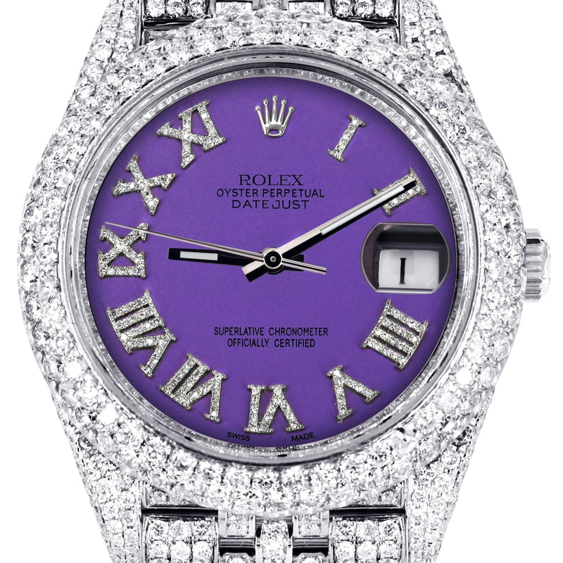 Womens Diamond Iced Out Rolex Datejust 41 | 25 Carats Of Diamonds | Custom Purple Roman Numeral Diamond Dial | Two Row | Jubilee Band