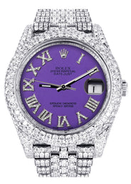 Womens Diamond Iced Out Rolex Datejust 41 | 25 Carats Of Diamonds | Custom Purple Roman Numeral Diamond Dial | Two Row | Jubilee Band