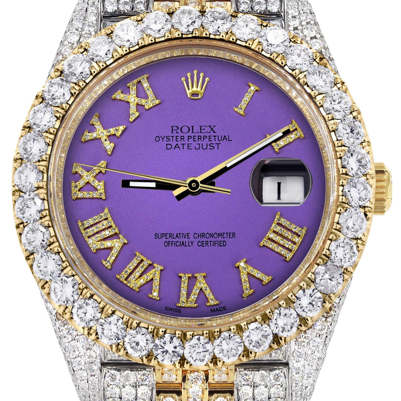 Diamond Iced Out Rolex Datejust 41 | 25 Carats Of Diamonds | Custom Purple Roman Numeral Diamond Dial | Two Tone | Jubilee Band