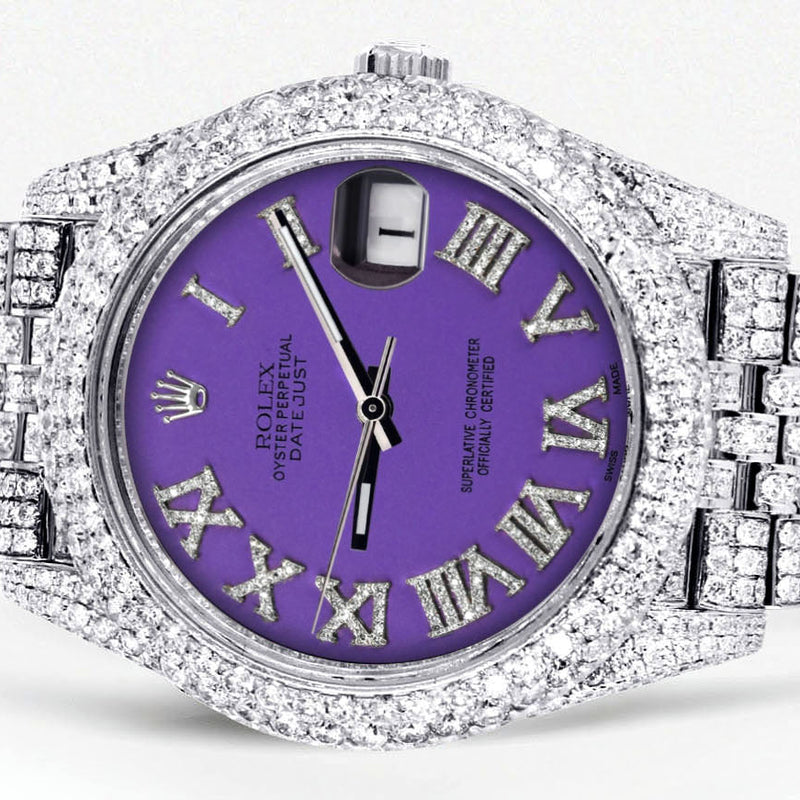 Womens Diamond Iced Out Rolex Datejust 41 | 25 Carats Of Diamonds | Custom Purple Roman Numeral Diamond Dial | Two Row | Jubilee Band