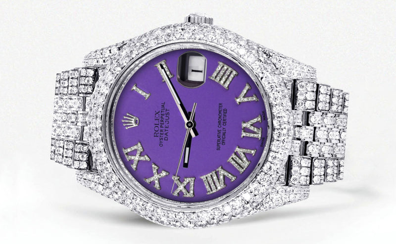 Womens Diamond Iced Out Rolex Datejust 41 | 25 Carats Of Diamonds | Custom Purple Roman Numeral Diamond Dial | Two Row | Jubilee Band