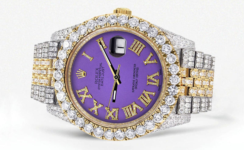 Diamond Iced Out Rolex Datejust 41 | 25 Carats Of Diamonds | Custom Purple Roman Numeral Diamond Dial | Two Tone | Jubilee Band