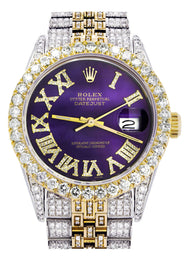 Iced Out Rolex Datejust 36 MM | Two Tone | 10 Carats of Diamonds | Purple Roman Diamond Dial