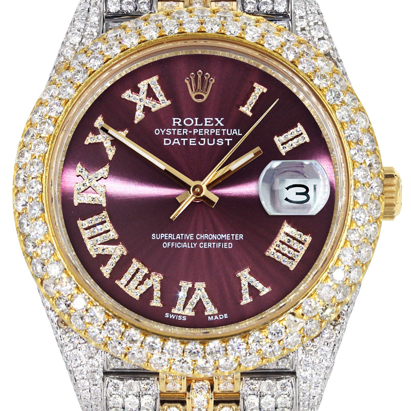 Womens Diamond Iced Out Rolex Datejust 41 | 25 Carats Of Diamonds | Purple Dial | Two Tone | Two Row | Jubilee Band