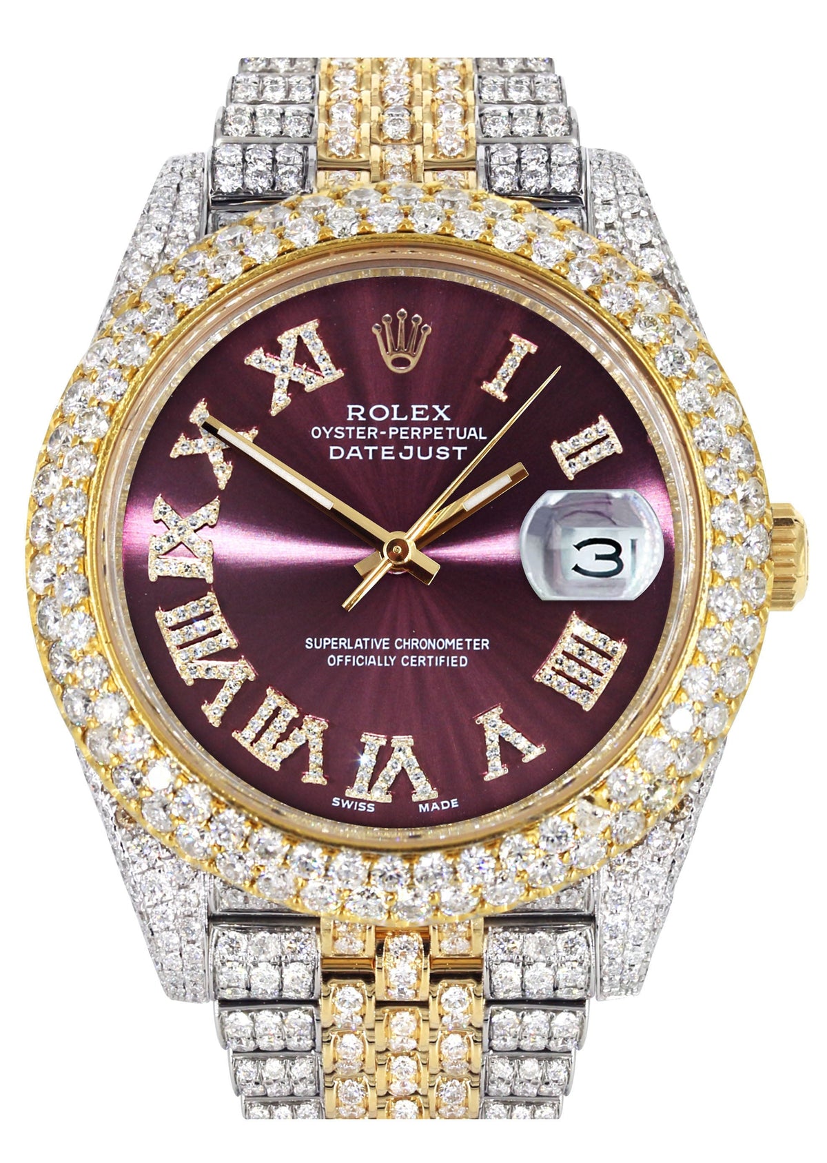 Womens Diamond Iced Out Rolex Datejust 41 | 25 Carats Of Diamonds | Purple Dial | Two Tone | Two Row | Jubilee Band