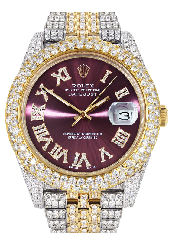 Womens Diamond Iced Out Rolex Datejust 41 | 25 Carats Of Diamonds | Purple Dial | Two Tone | Two Row | Jubilee Band
