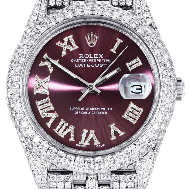 Womens Diamond Iced Out Rolex Datejust 41 | 25 Carats Of Diamonds | Custom Purple Dial | Two Row | Jubilee Band