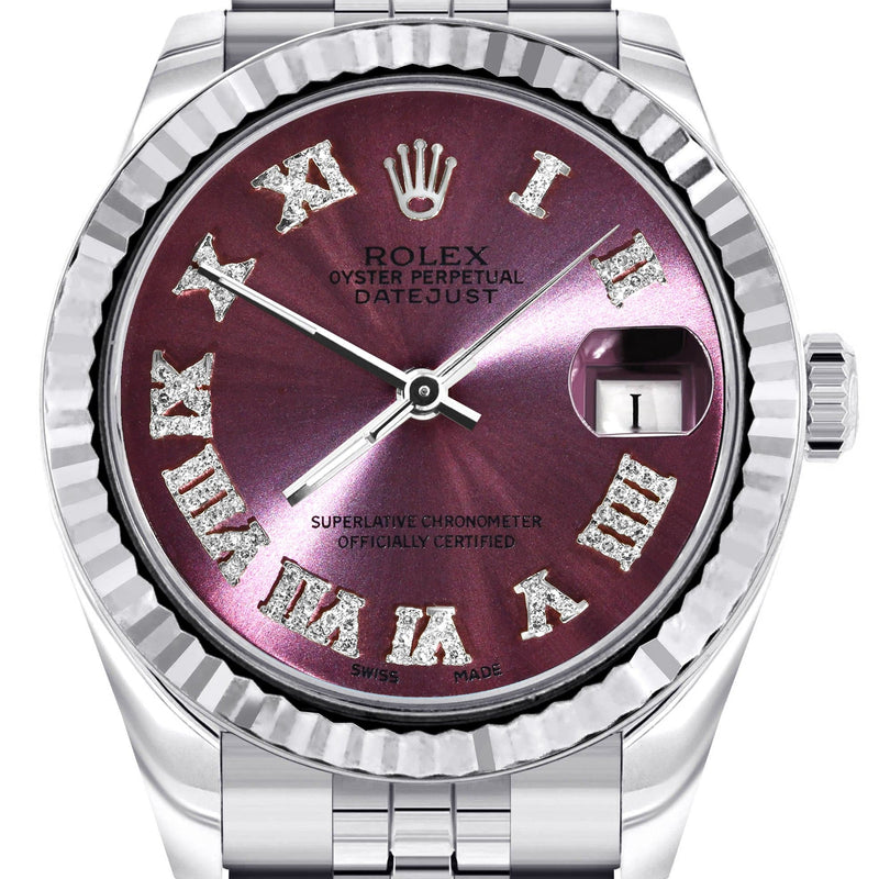 Diamond Rolex Watch | 68274 | Fluted Bezel | 31MM | Purple Roman Numeral Diamond Dial | Jubilee Band
