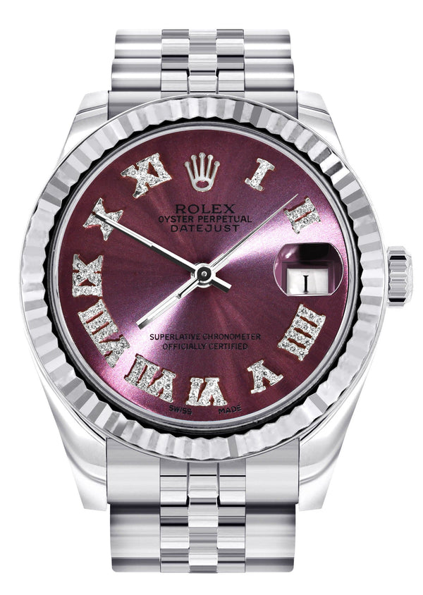 Diamond Rolex Watch | 68274 | Fluted Bezel | 31MM | Purple Roman Numeral Diamond Dial | Jubilee Band