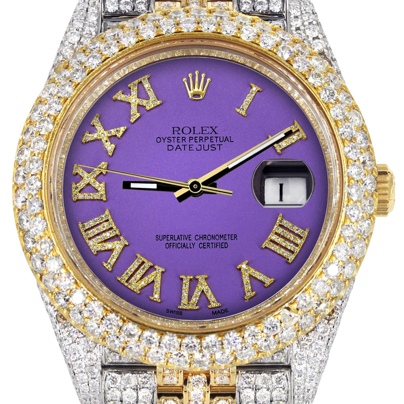 Womens Diamond Iced Out Rolex Datejust 41 | 25 Carats Of Diamonds | Custom Purple Roman Numeral Diamond Dial | Two Tone | Two Row | Jubilee Band
