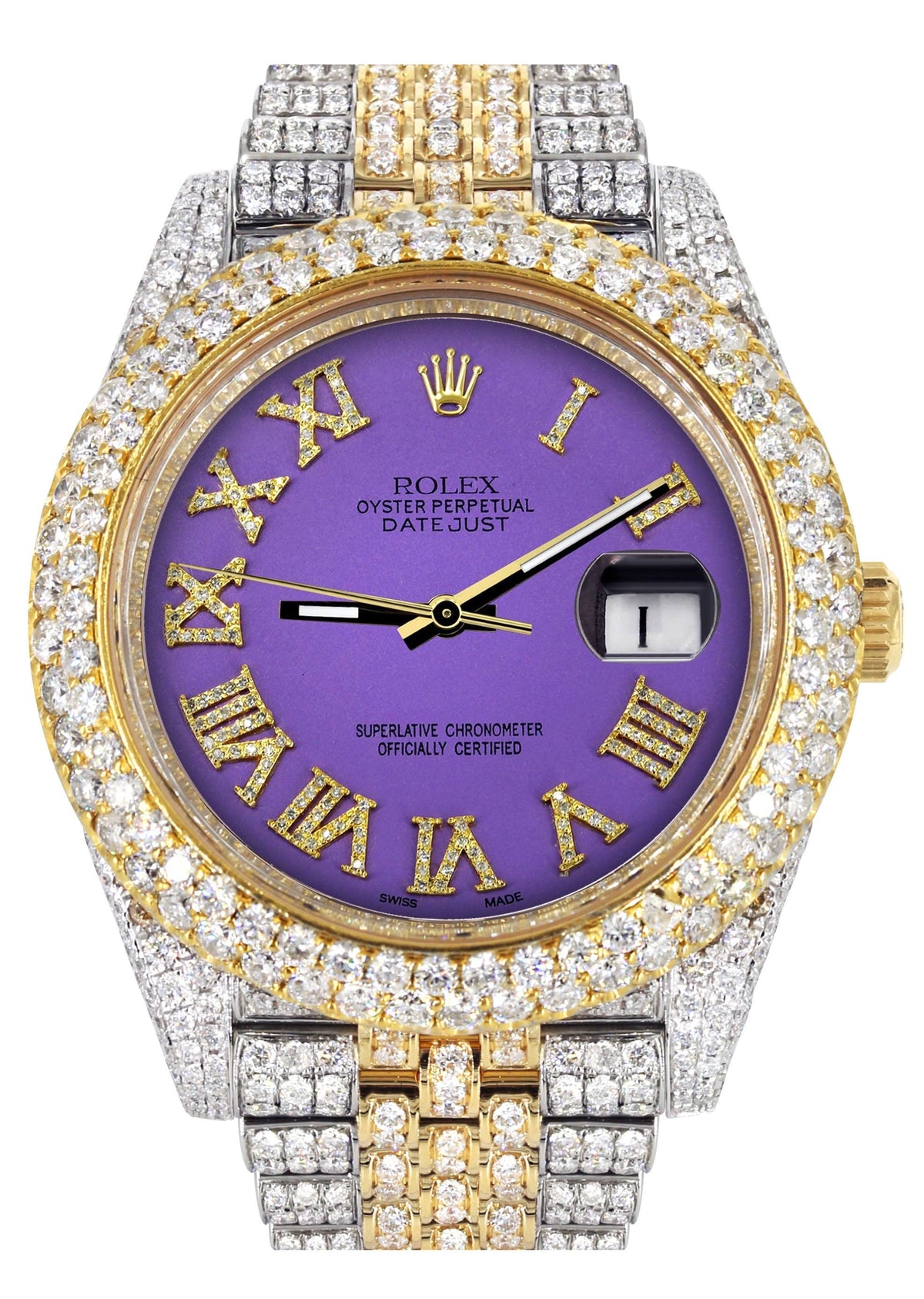 Womens Diamond Iced Out Rolex Datejust 41 | 25 Carats Of Diamonds | Custom Purple Roman Numeral Diamond Dial | Two Tone | Two Row | Jubilee Band