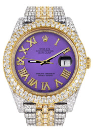 Womens Diamond Iced Out Rolex Datejust 41 | 25 Carats Of Diamonds | Custom Purple Roman Numeral Diamond Dial | Two Tone | Two Row | Jubilee Band