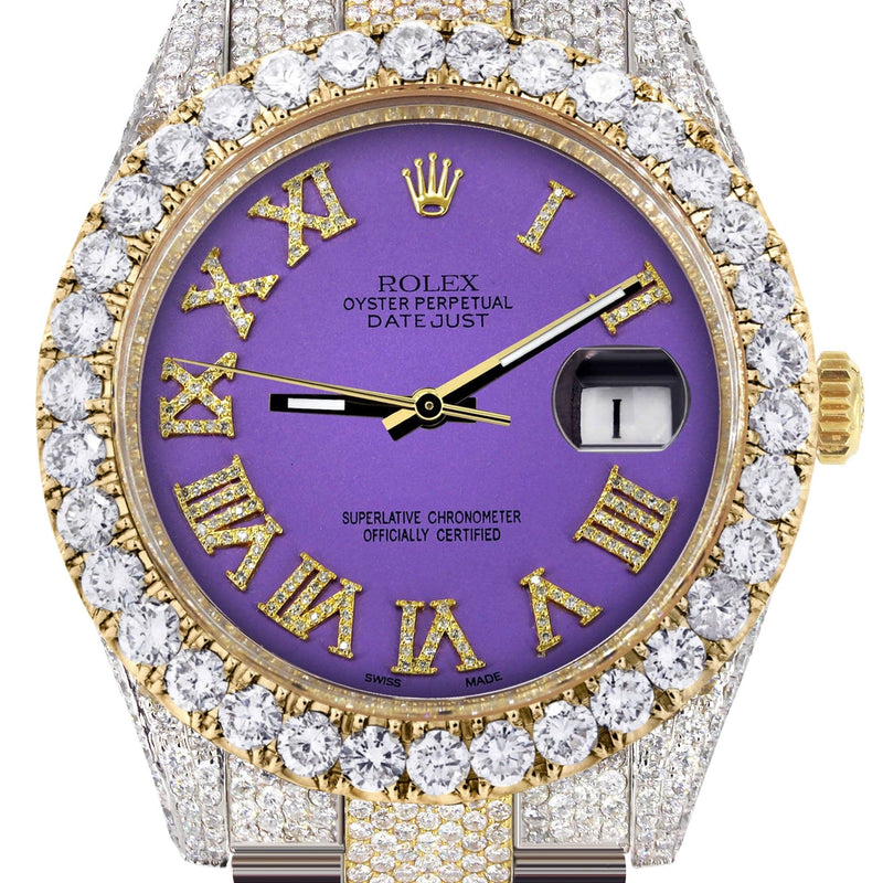 Diamond Iced Out Rolex Datejust 41 | 25 Carats Of Diamonds | Custom Purple Roman Numeral Diamond Dial | Two Tone | Oyster Band