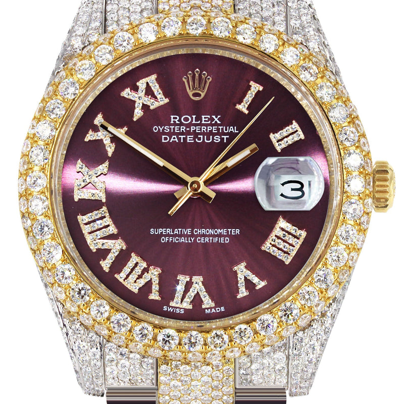 Womens Diamond Iced Out Rolex Datejust 41 | 25 Carats Of Diamonds | Purple Roman Numeral Dial | Two Tone | Two Row | Oyster Band