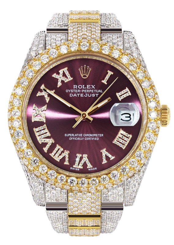Womens Diamond Iced Out Rolex Datejust 41 | 25 Carats Of Diamonds | Purple Roman Numeral Dial | Two Tone | Two Row | Oyster Band