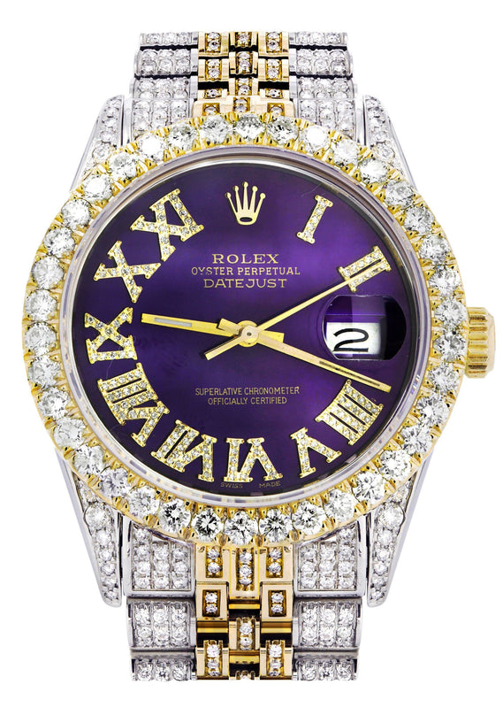 Iced Out Rolex Datejust 36 MM | Two Tone | 10 Carats of Diamonds | Purple Roman Diamond Dial