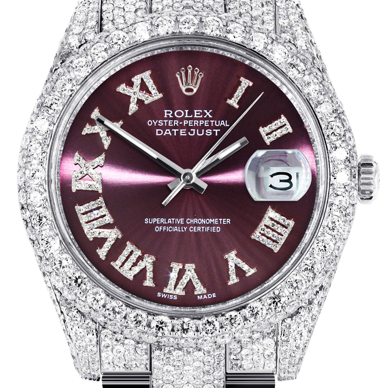 Womens Diamond Iced Out Rolex Datejust 41 | 25 Carats Of Diamonds | Purple Roman Numeral Dial | Two Row | Oyster Band