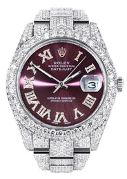 Womens Diamond Iced Out Rolex Datejust 41 | 25 Carats Of Diamonds | Purple Roman Numeral Dial | Two Row | Oyster Band