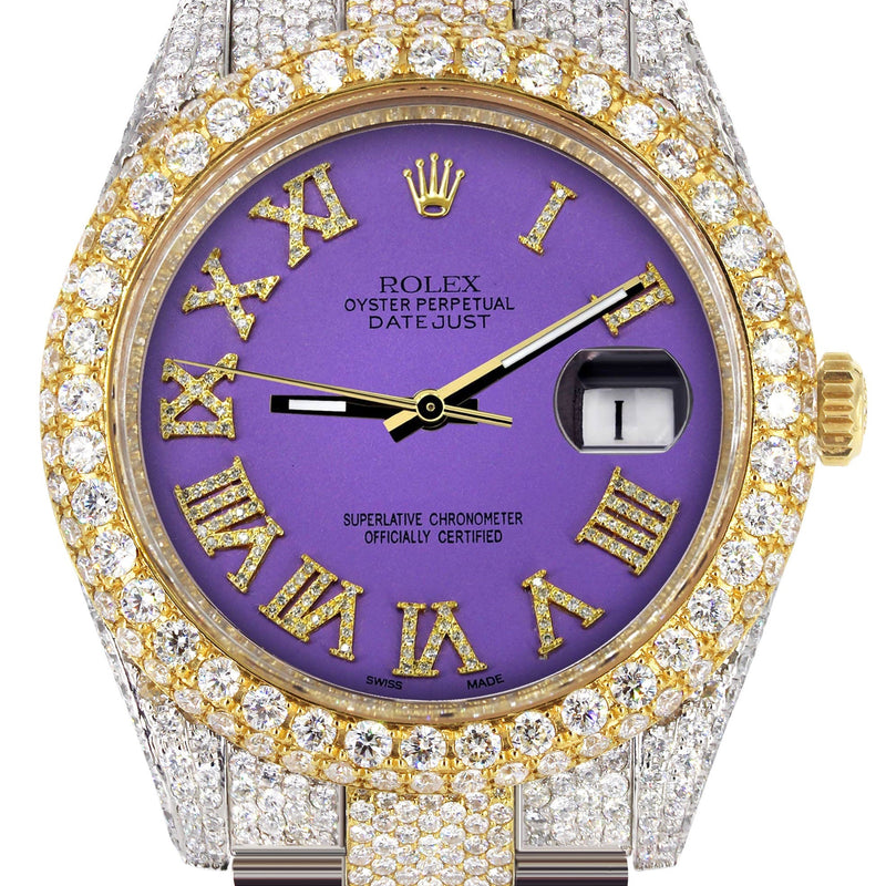 Womens Diamond Iced Out Rolex Datejust 41 | 25 Carats Of Diamonds | Custom Purple Roman Numeral Diamond Dial | Two Tone | Two Row | Oyster Band