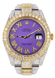 Womens Diamond Iced Out Rolex Datejust 41 | 25 Carats Of Diamonds | Custom Purple Roman Numeral Diamond Dial | Two Tone | Two Row | Oyster Band
