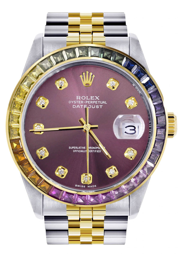 Diamond Gold Rolex Watch For Men 16233 | 36Mm | Rainbow Sapphire Bezel | Purple Dial | Jubilee Band