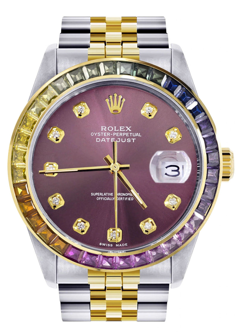 Diamond Gold Rolex Watch For Men 16233 | 36Mm | Rainbow Sapphire Bezel | Purple Dial | Jubilee Band