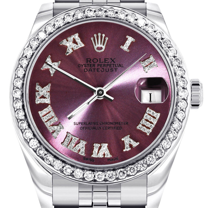 Diamond Rolex Watch | 68274 | Diamond Bezel | 31MM | Purple Roman Diamond Dial | Jubilee Band