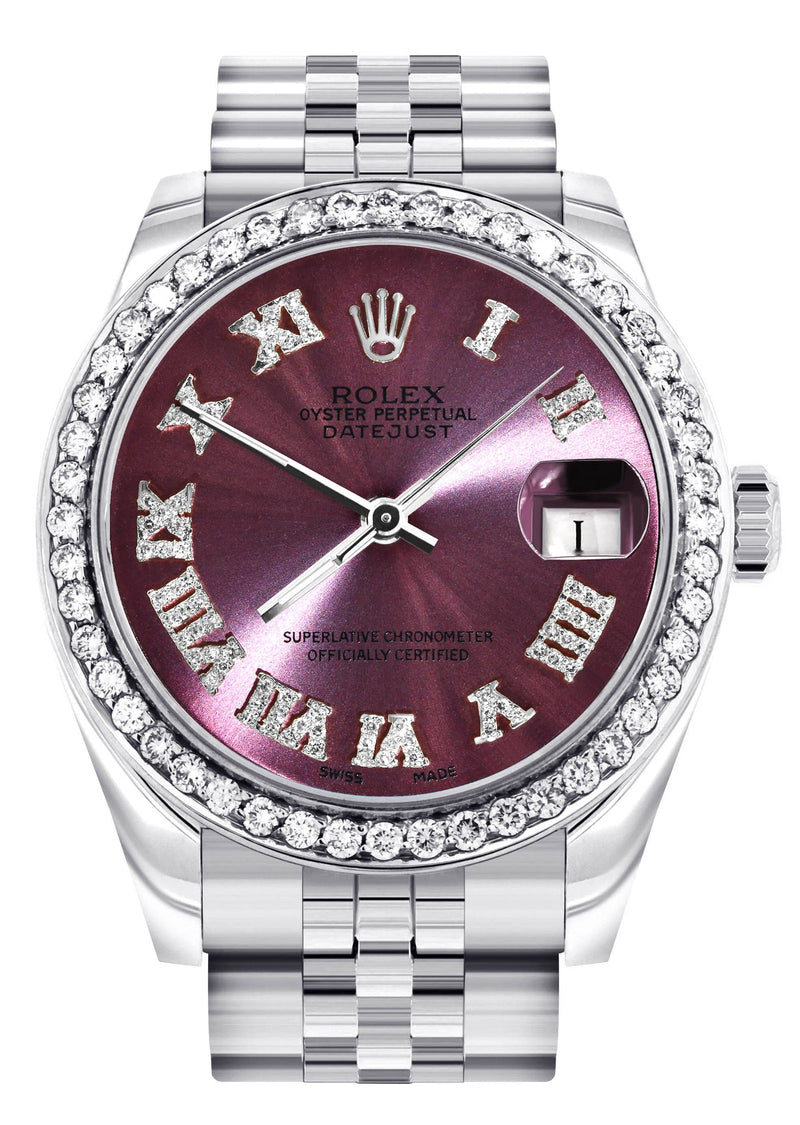 Diamond Rolex Watch | 68274 | Diamond Bezel | 31MM | Purple Roman Diamond Dial | Jubilee Band