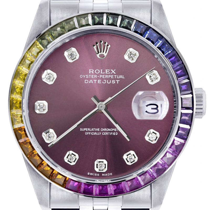 Diamond Gold Rolex Watch For Men 16200 | 36Mm | Rainbow Sapphire Bezel | Purple Dial | Jubilee Band