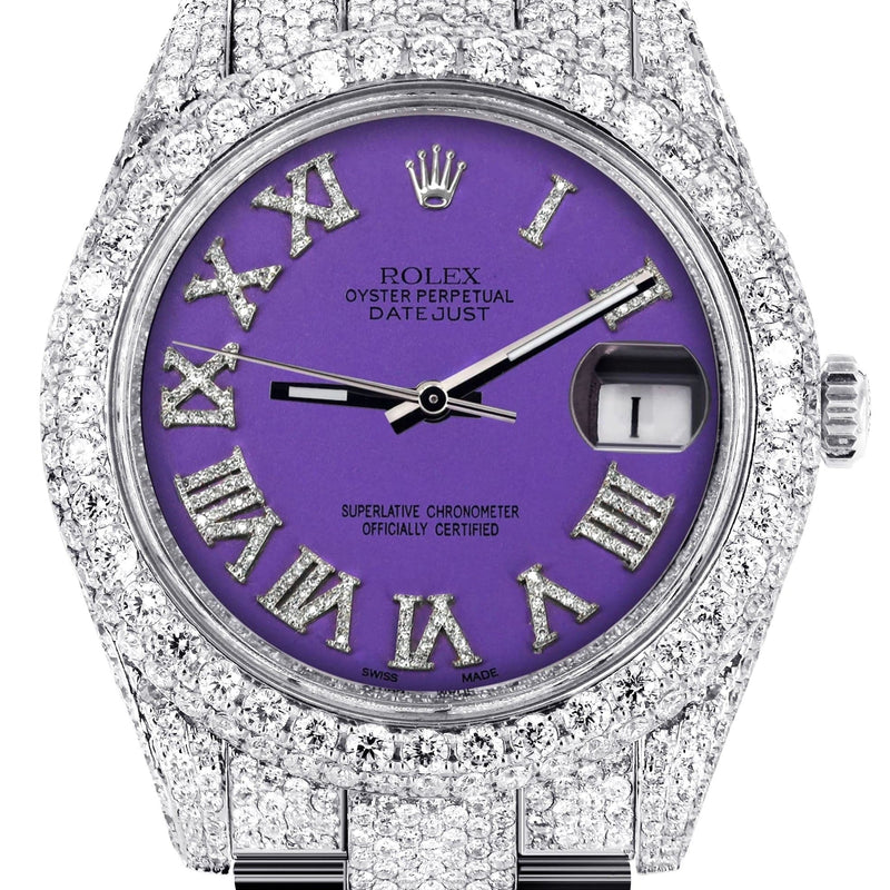 Diamond Iced Out Rolex Datejust 41 | 25 Carats Of Diamonds | Custom Purple Roman Numeral Diamond Dial | Two Row | Oyster Band