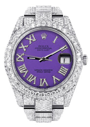 Diamond Iced Out Rolex Datejust 41 | 25 Carats Of Diamonds | Custom Purple Roman Numeral Diamond Dial | Two Row | Oyster Band