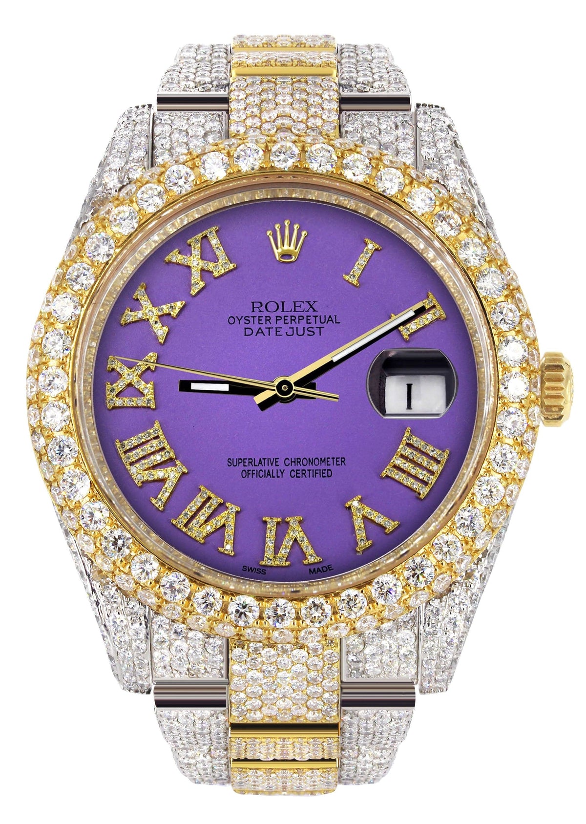 Diamond Iced Out Rolex Datejust 41 | 25 Carats Of Diamonds | Custom Purple Roman Numeral Diamond Dial | Two Tone | Two Row | Oyster Band