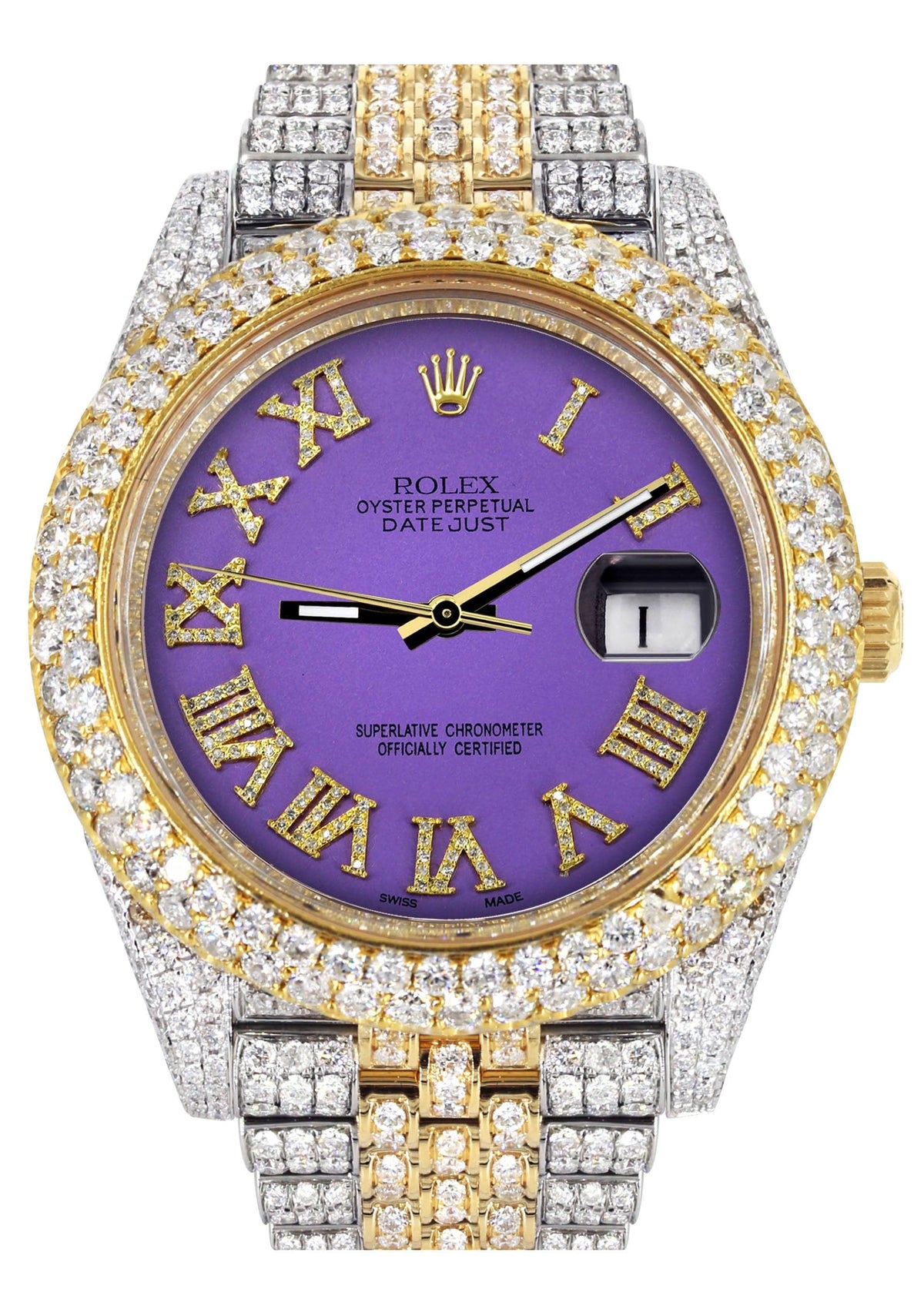 Diamond Iced Out Rolex Datejust 41 | 25 Carats Of Diamonds | Custom Purple Roman Numeral Diamond Dial | Two Tone | Two Row | Jubilee Band