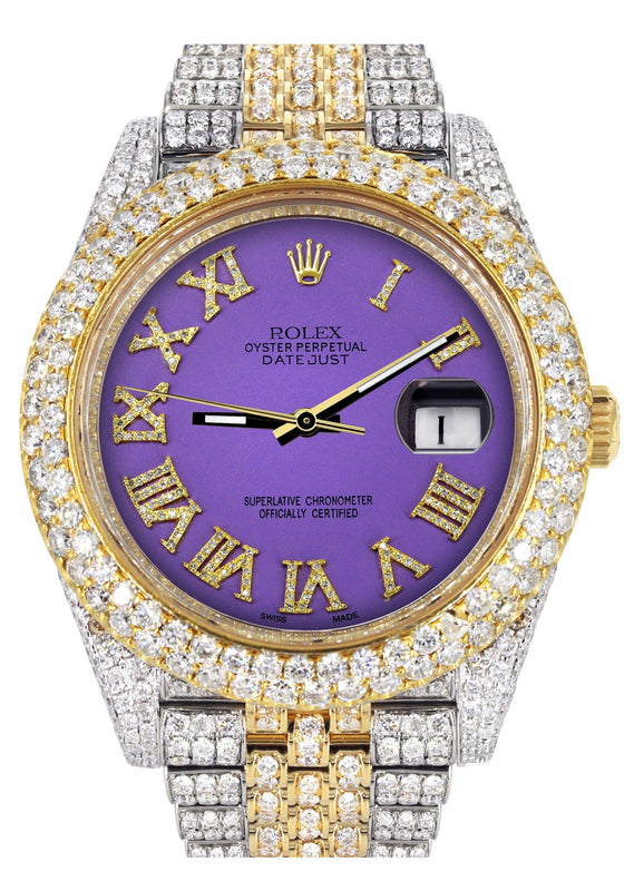 Diamond Iced Out Rolex Datejust 41 | 25 Carats Of Diamonds | Custom Purple Roman Numeral Diamond Dial | Two Tone | Two Row | Jubilee Band