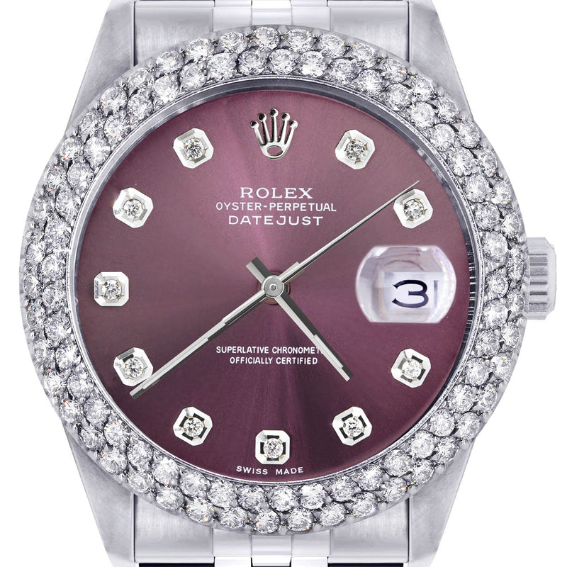 Mens Rolex Datejust Watch 16200 | 36Mm | Purple Dial | Two Row 4.25 Carat Bezel | Jubilee Band