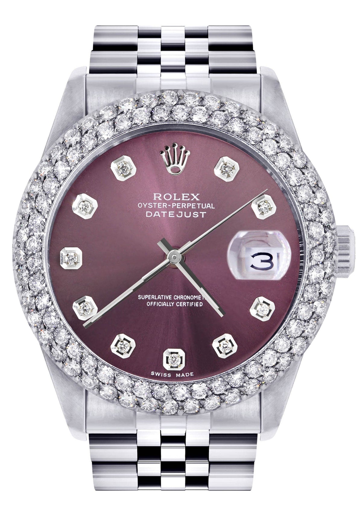Mens Rolex Datejust Watch 16200 | 36Mm | Purple Dial | Two Row 4.25 Carat Bezel | Jubilee Band