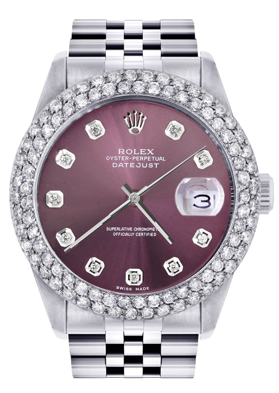 Mens Rolex Datejust Watch 16200 | 36Mm | Purple Dial | Two Row 4.25 Carat Bezel | Jubilee Band